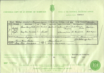 Marriage certificate of Thomas Henry Barker and Mary Ellen Moulsdale