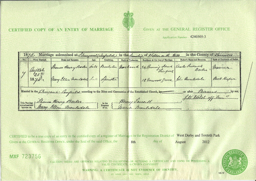 Marriage certificate of Thomas Henry Barker and Mary Ellen Moulsdale