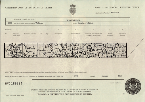 Death certificate of Maria Mary Hancox