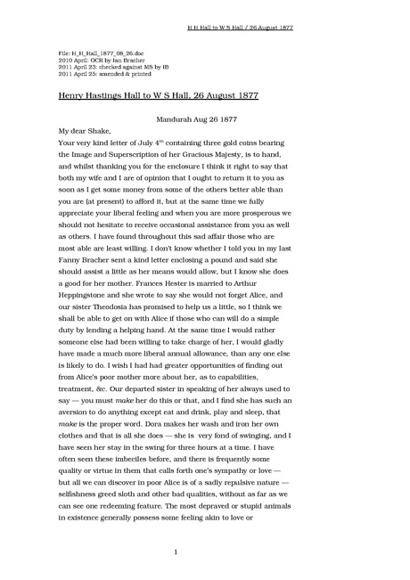 Henry Hastings Hall to W S Hall 26 August 1877 ArchivesWiki
