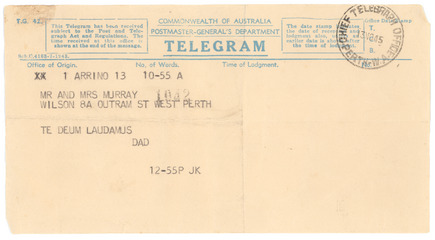 Aubrey to Margaret, Tusday 13th, Arrino: "Te deum laudamus Dad"