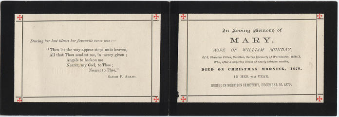 Memorial card for Mary wife of William Munday
