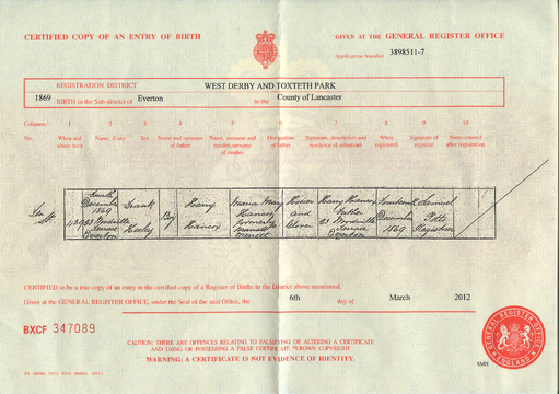 Birth certificate of Frank Heeley Hancox
