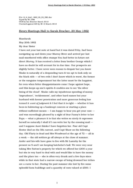 Henry Hastings Hall to Sarah Bracher 20 May 1862 ArchivesWiki