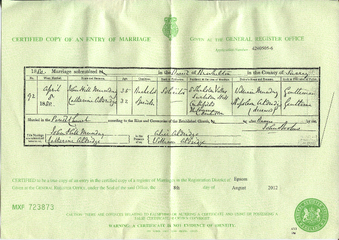 Marriage certificate of John Hill Munday and Catherine Alderidge