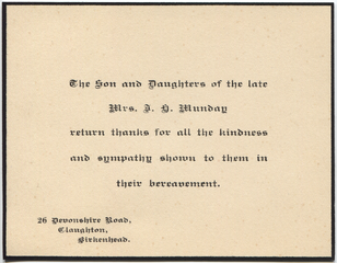 Thankyou card from Catherine Munday's children after her death