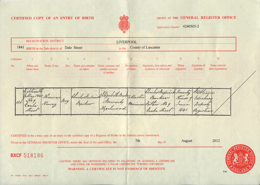 Birth certificate of Thomas Henry Barker