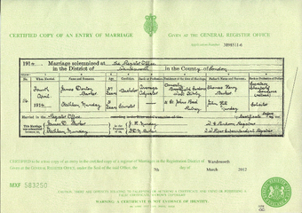 Marriage certificate of James Denton Barker and Kathleen Munday