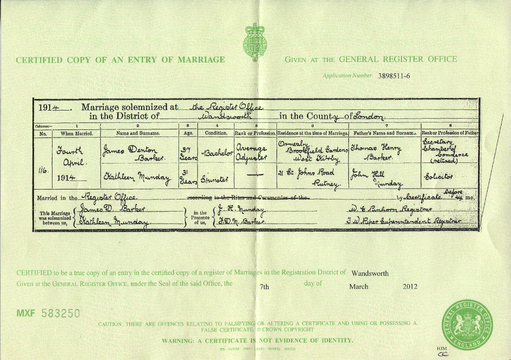 Marriage certificate of James Denton Barker and Kathleen Munday