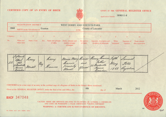Birth certificate of Harry Merrett Hancox