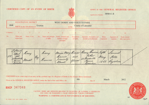 Birth certificate of Harry Merrett Hancox