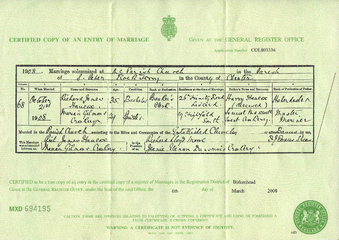 Marriage certificate of Richard James Hancox and Marian Gilmour Croskery
