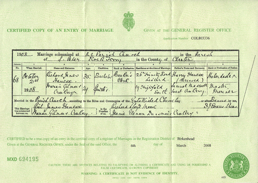 Marriage certificate of Richard James Hancox and Marian Gilmour Croskery