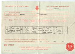 Birth certificate of Joan Nyria Hancox