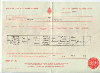 Birth certificate of Joan Nyria Hancox