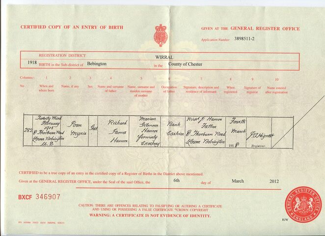 Birth certificate of Joan Nyria Hancox