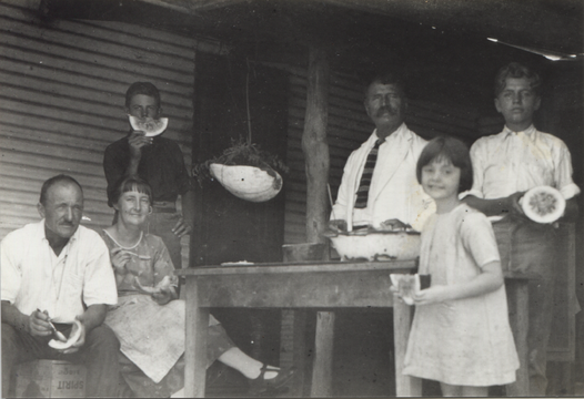 Aubrey and Helen Hall, two young men unknown, Ernest (Far's brother), and poss. Connie (maybe in Cossack). Info.