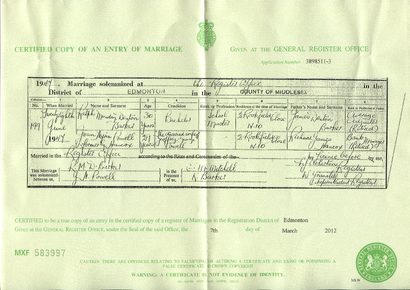 Marriage certificate of Ralph Munday Denton-Barker and Joan Nyria Hancox