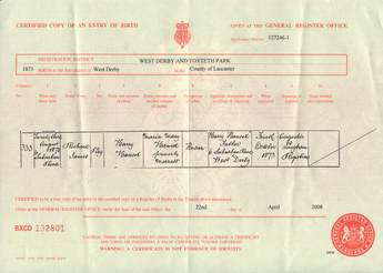 Birth certificate of Richard James Hancox