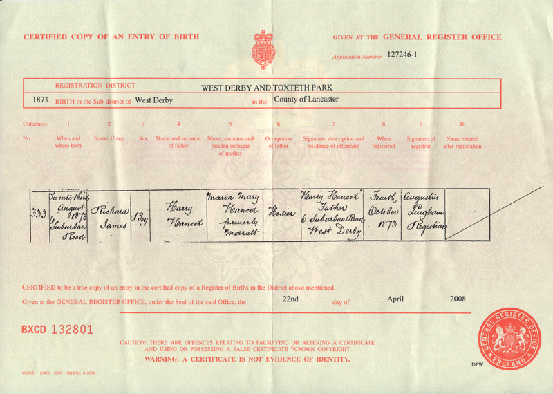 Birth certificate of Richard James Hancox