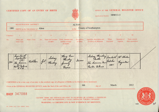 Birth certificate of Kathleen Munday (Southhampton)