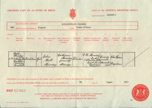 Birth certificate of Kathleen Munday
