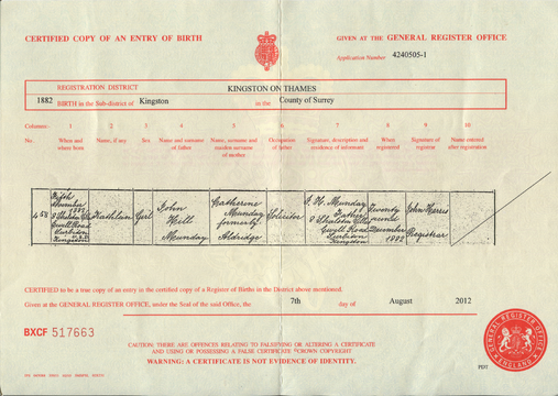 Birth certificate of Kathleen Munday