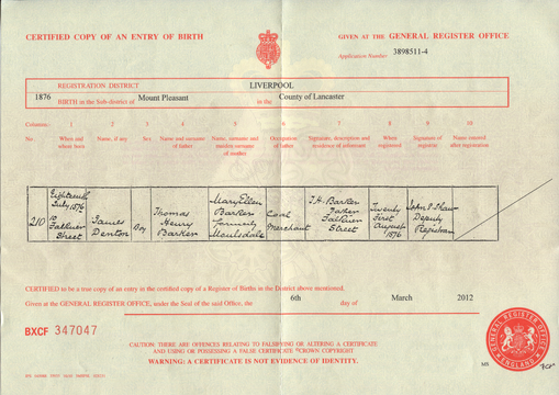 Birth certificate of James Denton Barker