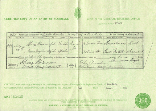 Marriage certificate of Harry Hancox and Maria Mary Merrett