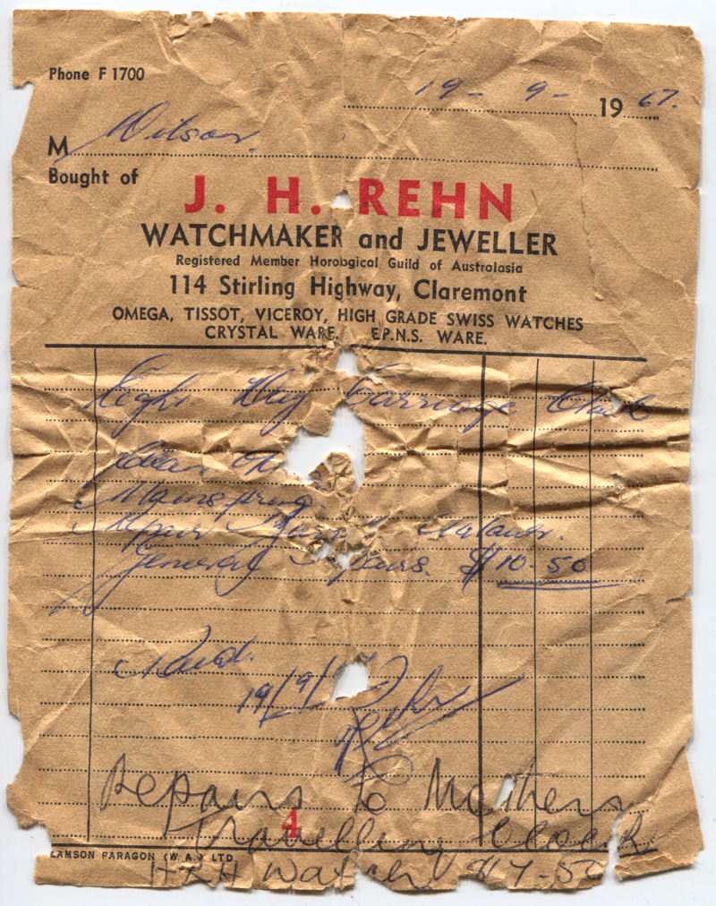 Carriage clock 1967 repair receipt ArchivesWiki