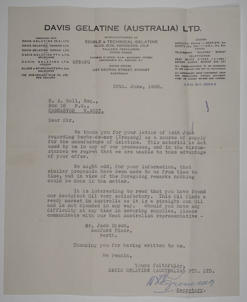 Letter to Aubrey Hall from Davis Gelatine Ltd - ArchivesWiki