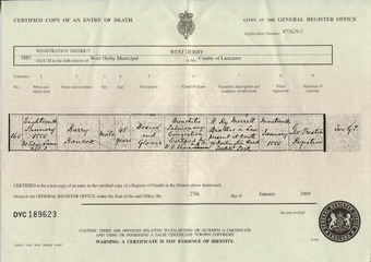 Death certificate of Harry Hancox