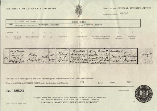 Death certificate of Harry Hancox