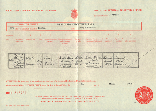 Birth certificate of Charles Edward Hancox